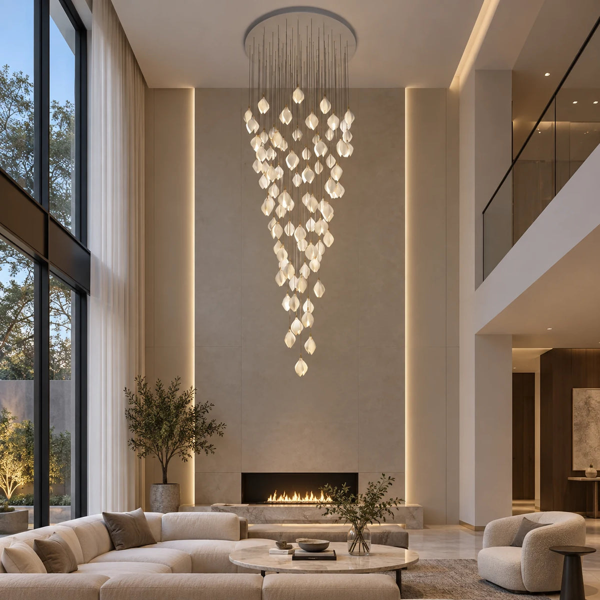 Cascading white petal double-height chandelier in a double-height living room
