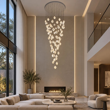 Cascading white petal double-height chandelier in a double-height living room