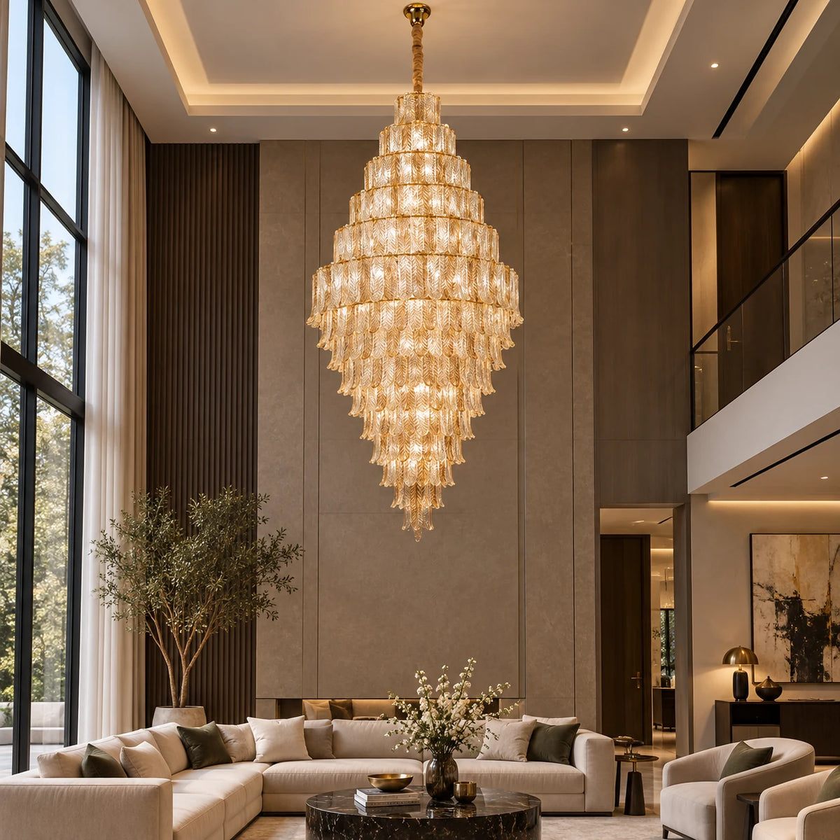 Tiered ribbed glass cascade chandelier in a double-height living room