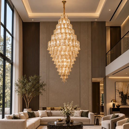 Tiered ribbed glass cascade chandelier in a double-height living room
