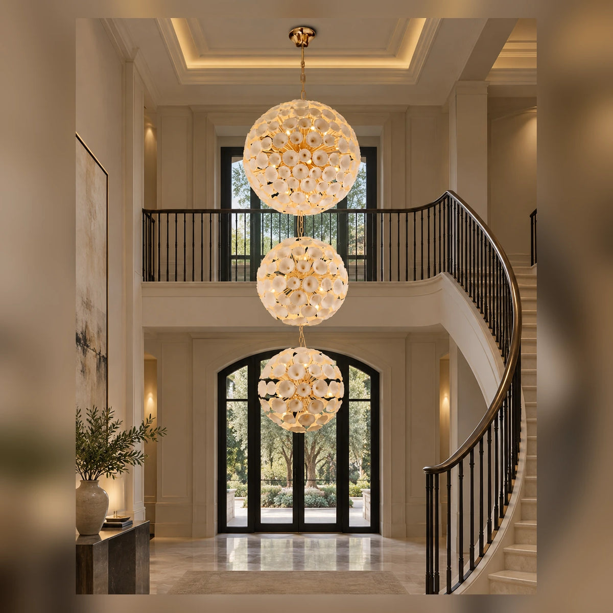 Three-tier ceramic flower chandelier in an entrance foyer