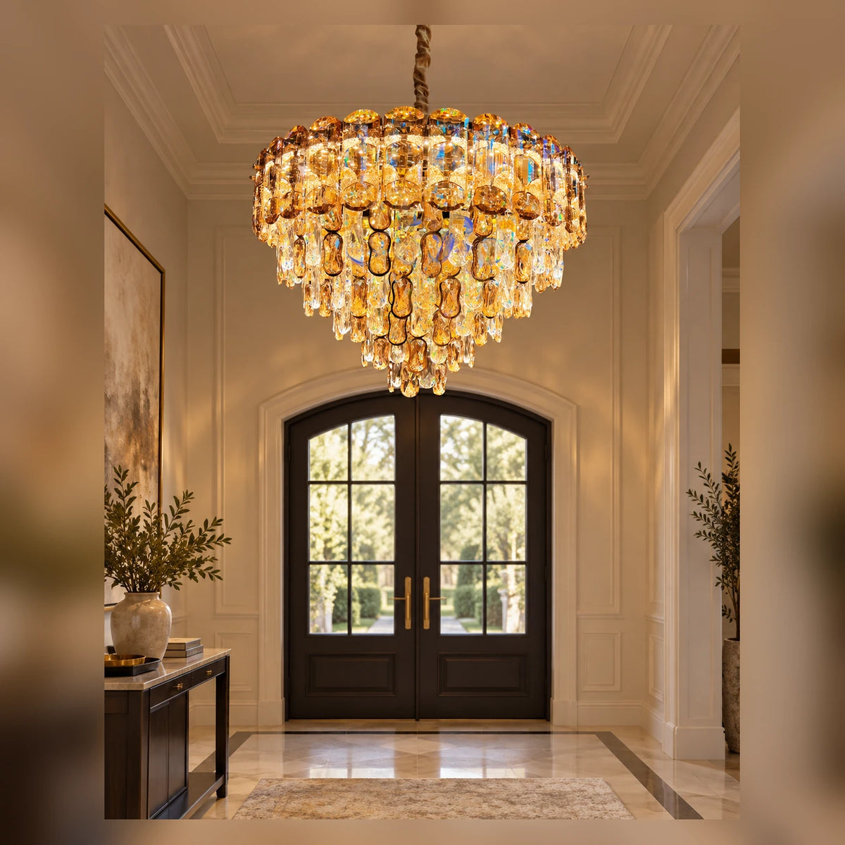 Tiered faceted drop chandelier in an elegant entrance