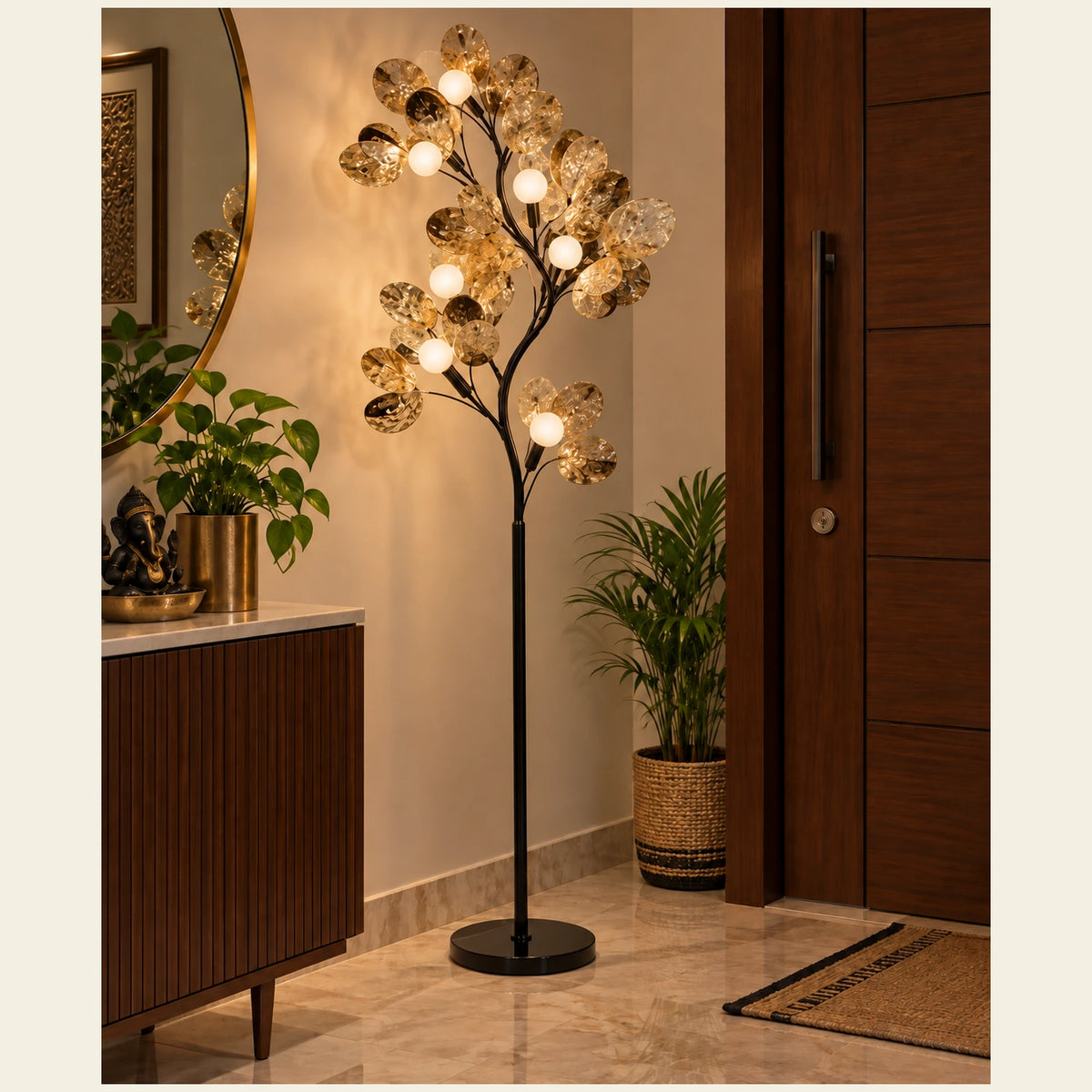 Branching globe floor lamp in an entrance corner