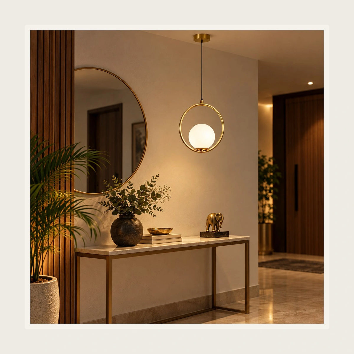 Orbital globe pendant above a welcoming console