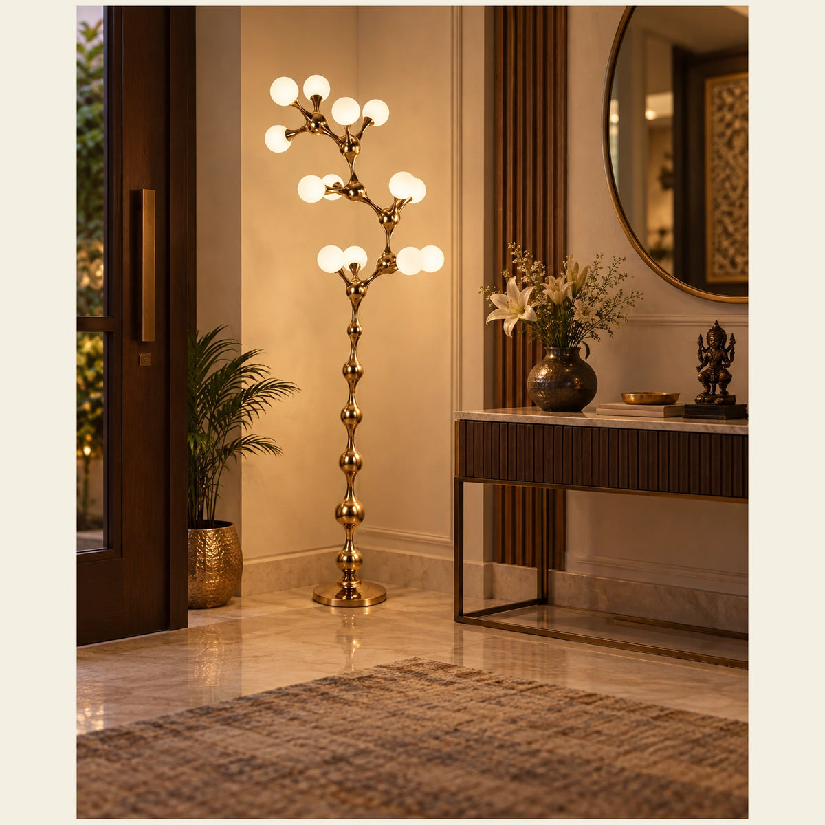Sculptural vine floor lamp in an entrance corner