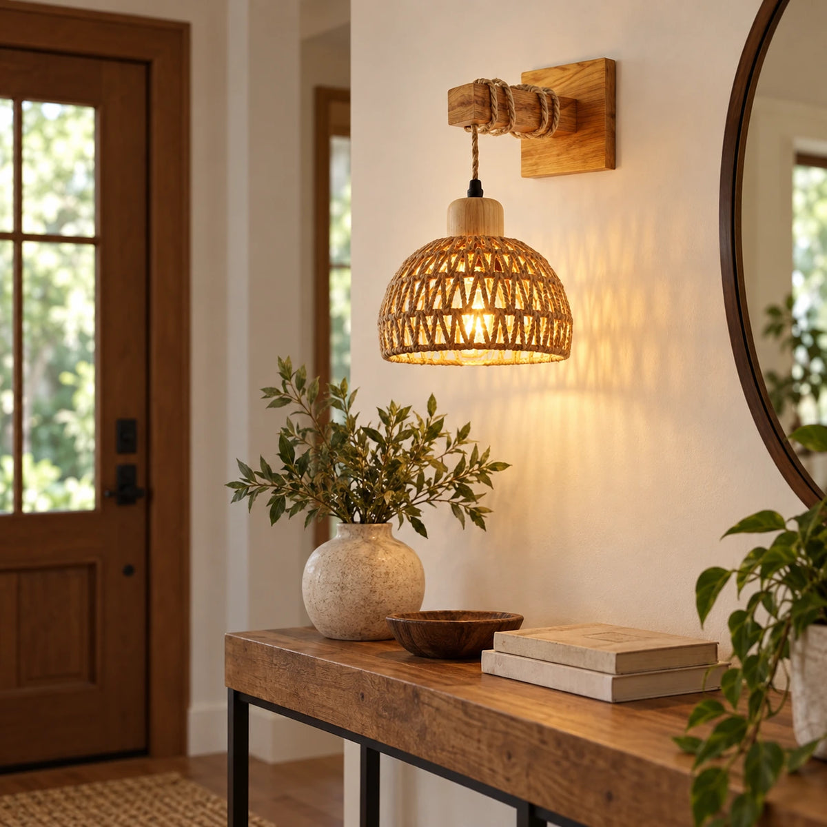 Woven dome shade wall sconce above an entryway console