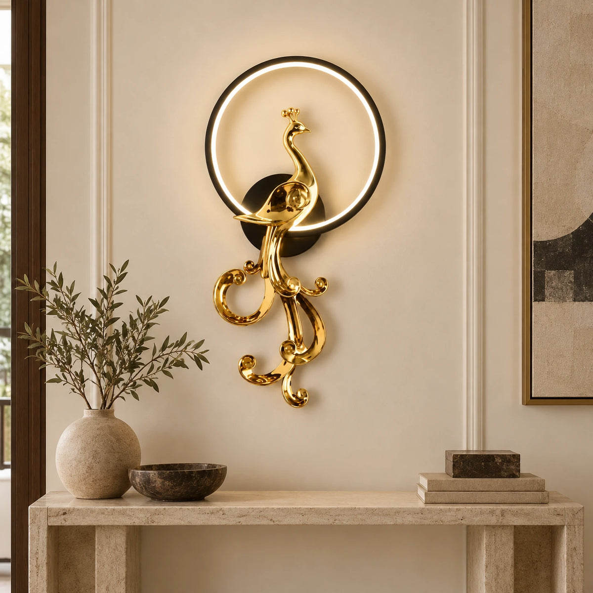Left-facing peacock ring wall sculpture in an elegant entryway