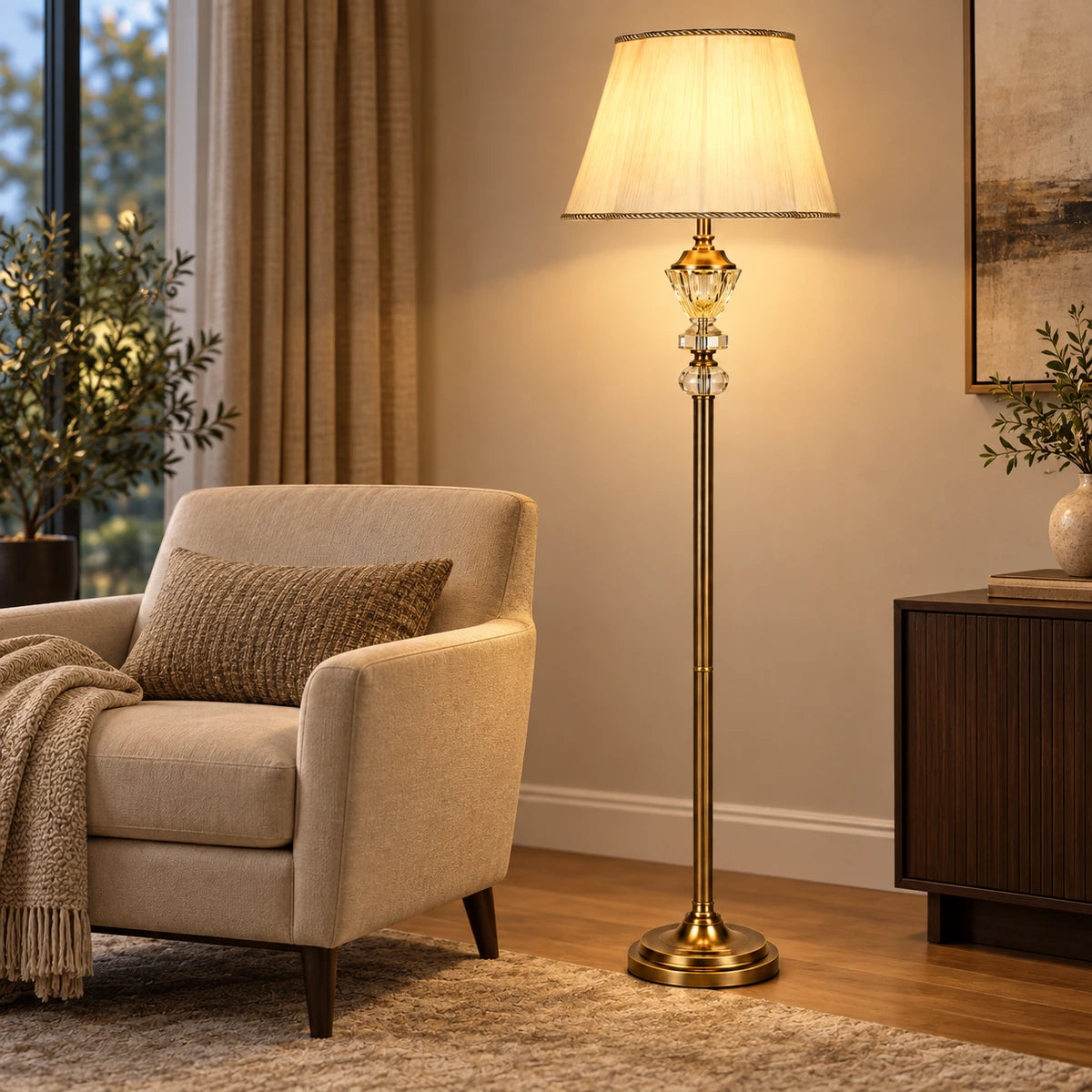 Crystal accent floor lamp beside a living room chair