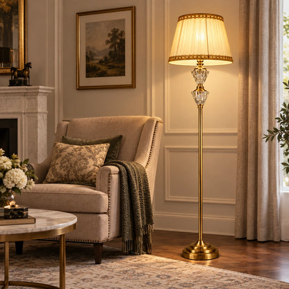 Faceted crystal floor lamp beside a living room chair