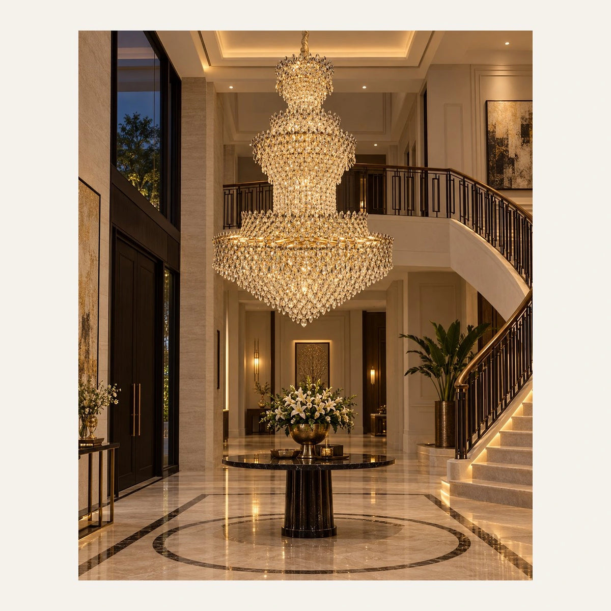 Grand three-layer crystal basket chandelier in a formal entrance
