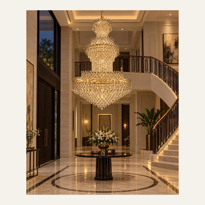 Grand three-layer crystal basket chandelier in a formal entrance
