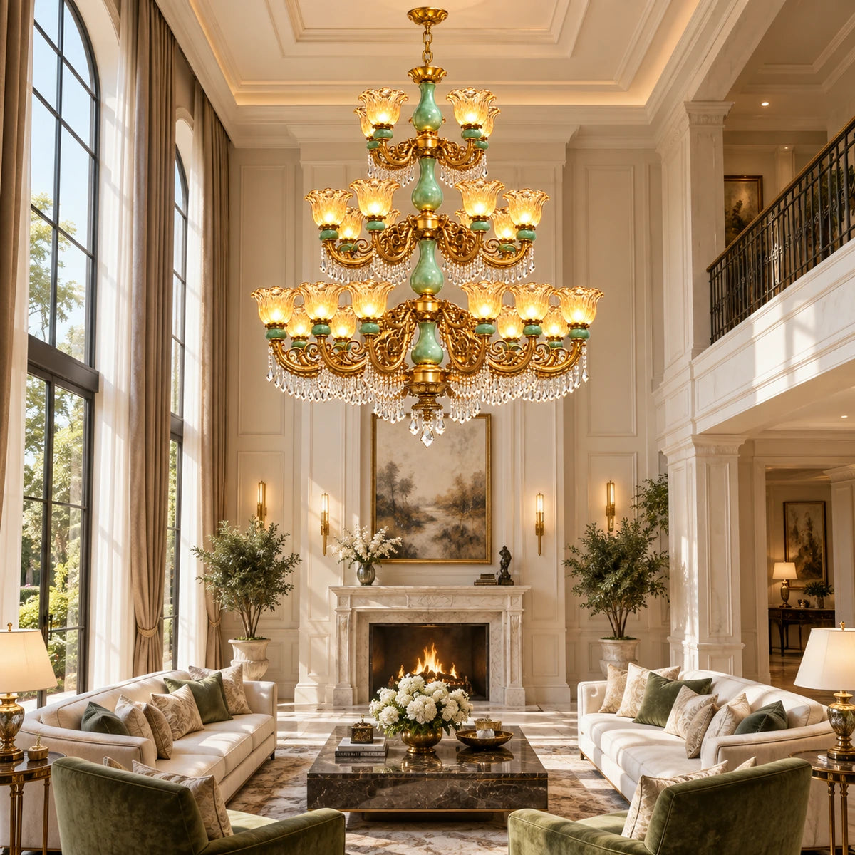 Grand three-tier chandelier in a formal double-height living room