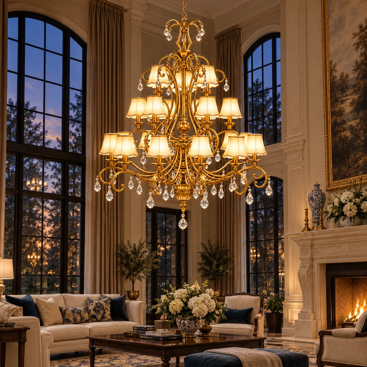 Scroll-arm three-tier chandelier in a formal double-height living room