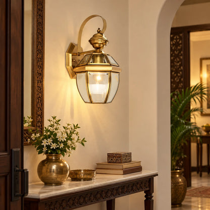 Classic hexagonal lantern wall sconce in an elegant interior foyer