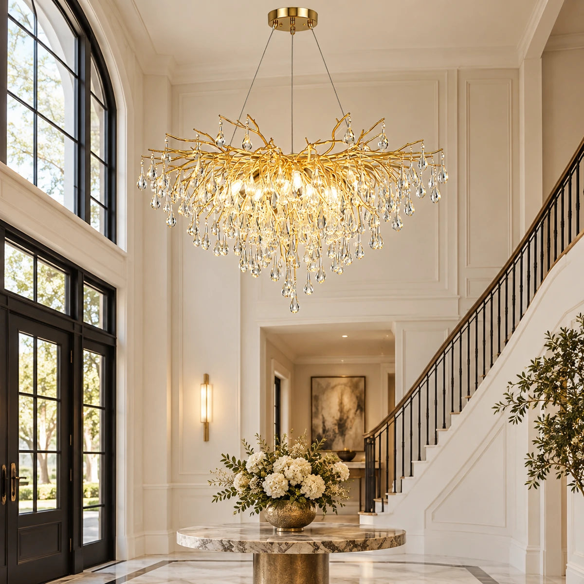 Gold branch crystal chandelier in a double-height foyer
