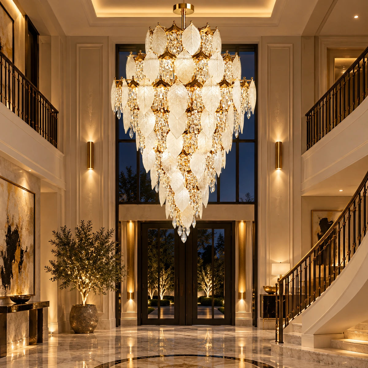 Grand frosted leaf chandelier in a double-height foyer