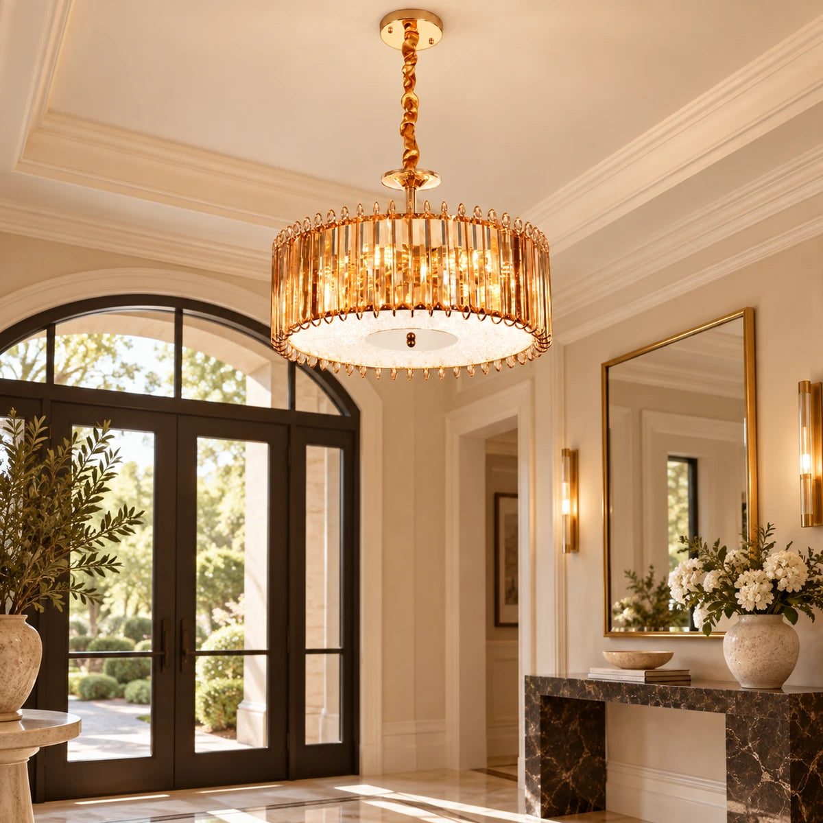 Amber crystal drum chandelier in an entrance foyer