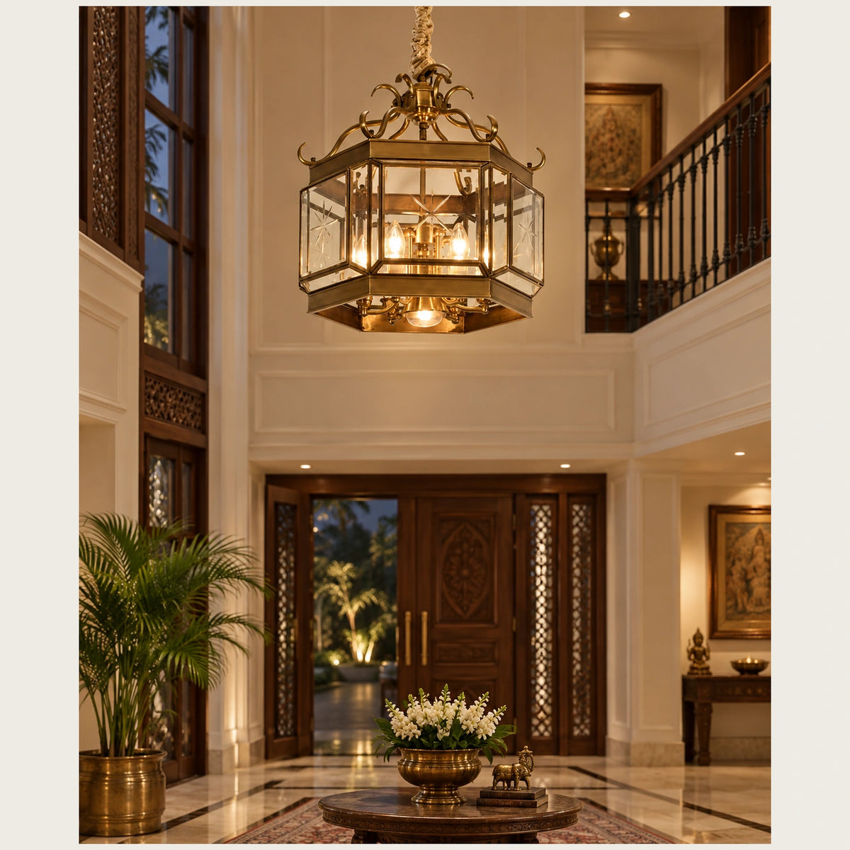 Ornate octagonal lantern pendant in a foyer