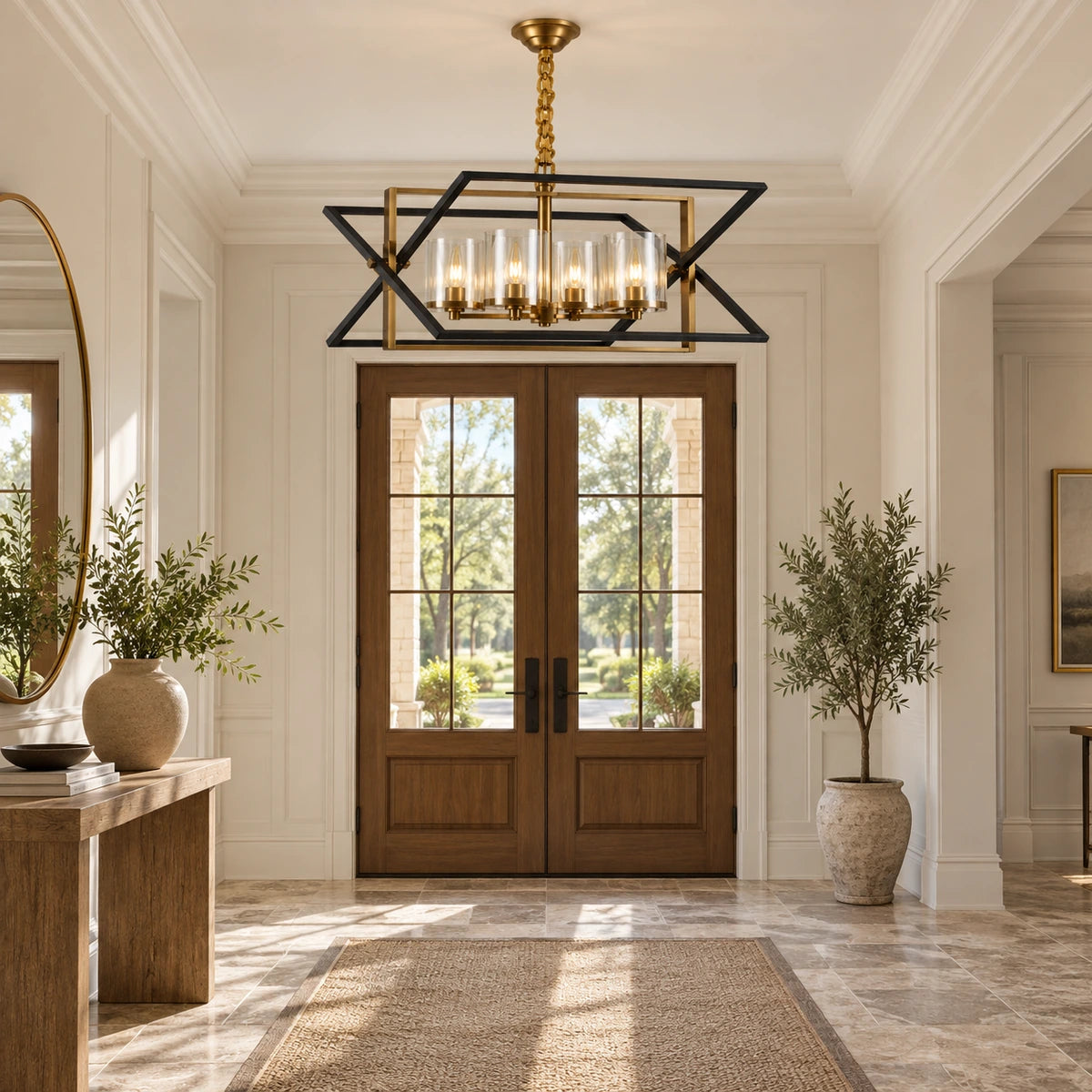 Geometric four-light lantern pendant in a bright foyer