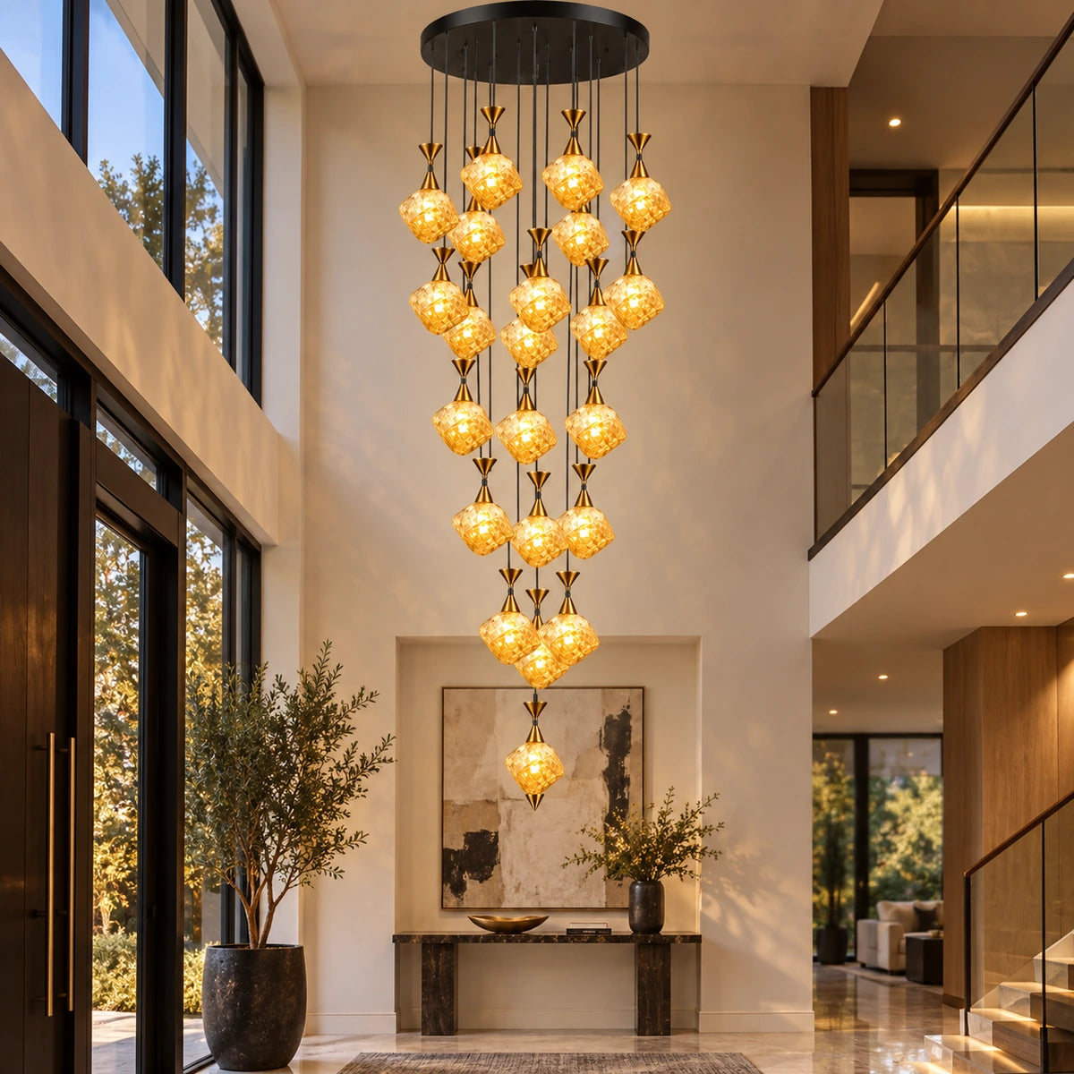 Amber glass twenty-two-light cluster chandelier in a double-height foyer