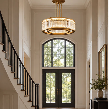 Crystal ring chandelier in a double-height foyer