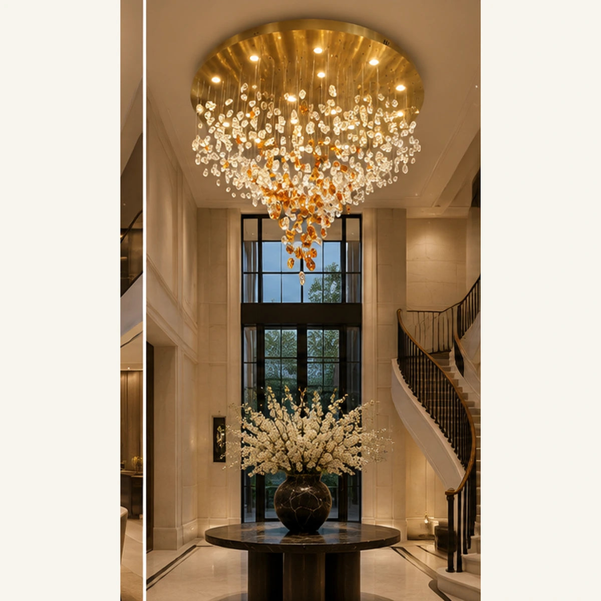 Glass cascade chandelier in an entrance foyer