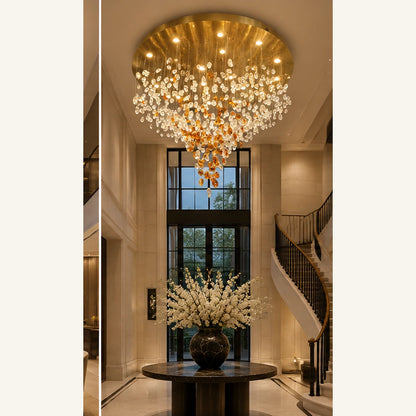Glass cascade chandelier in an entrance foyer