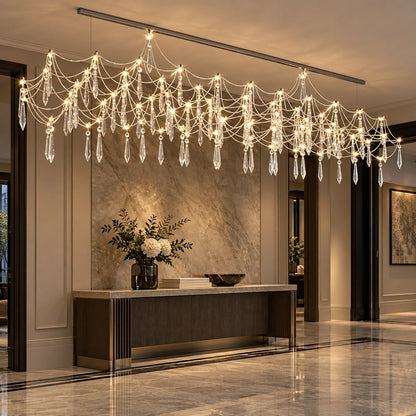 Chrome crystal draped chandelier in a foyer