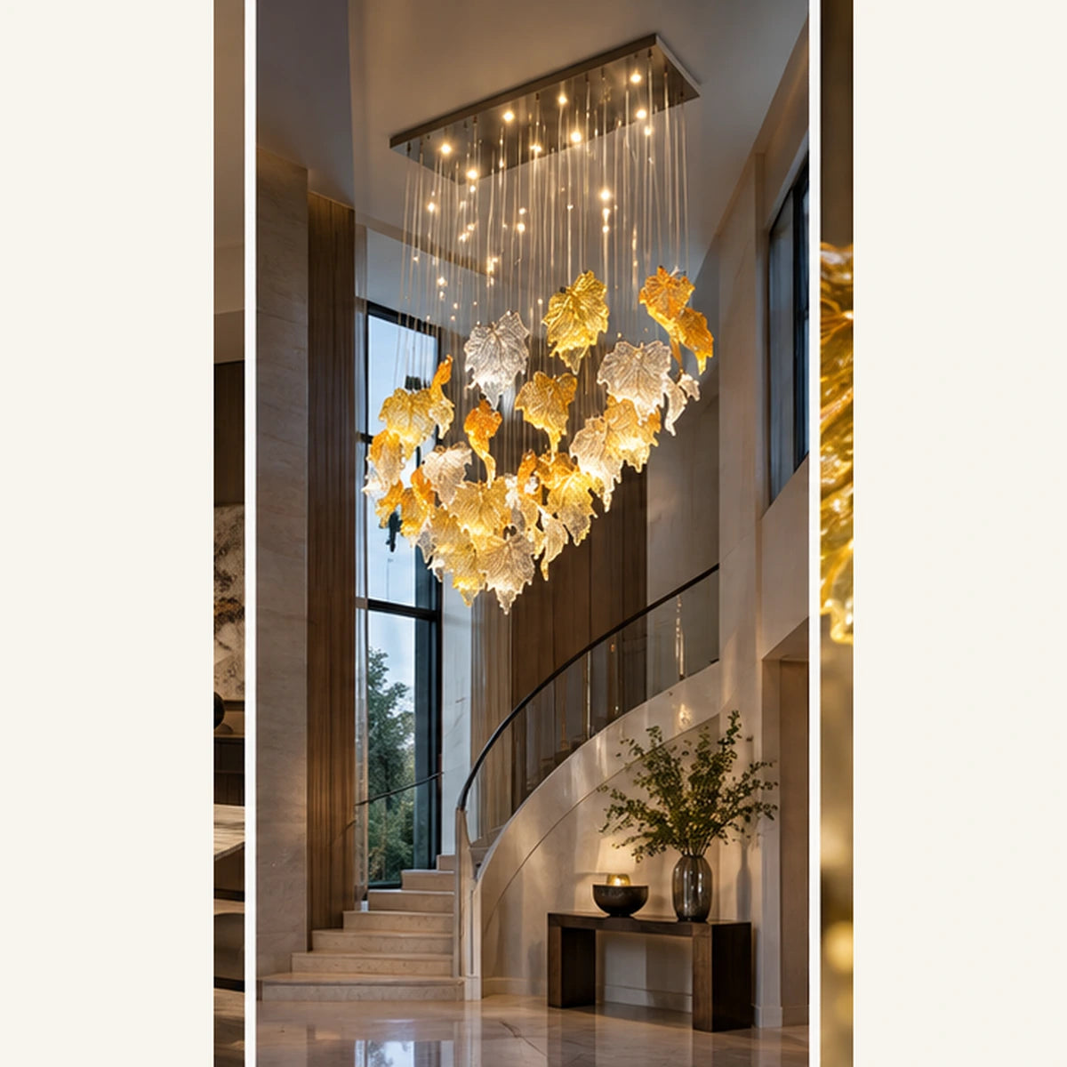 Ruffled glass cluster chandelier in an entrance foyer