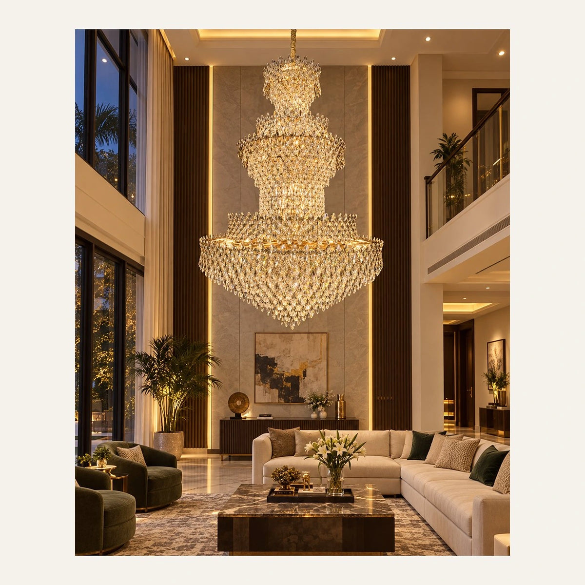 Grand three-layer crystal basket chandelier in a formal living room
