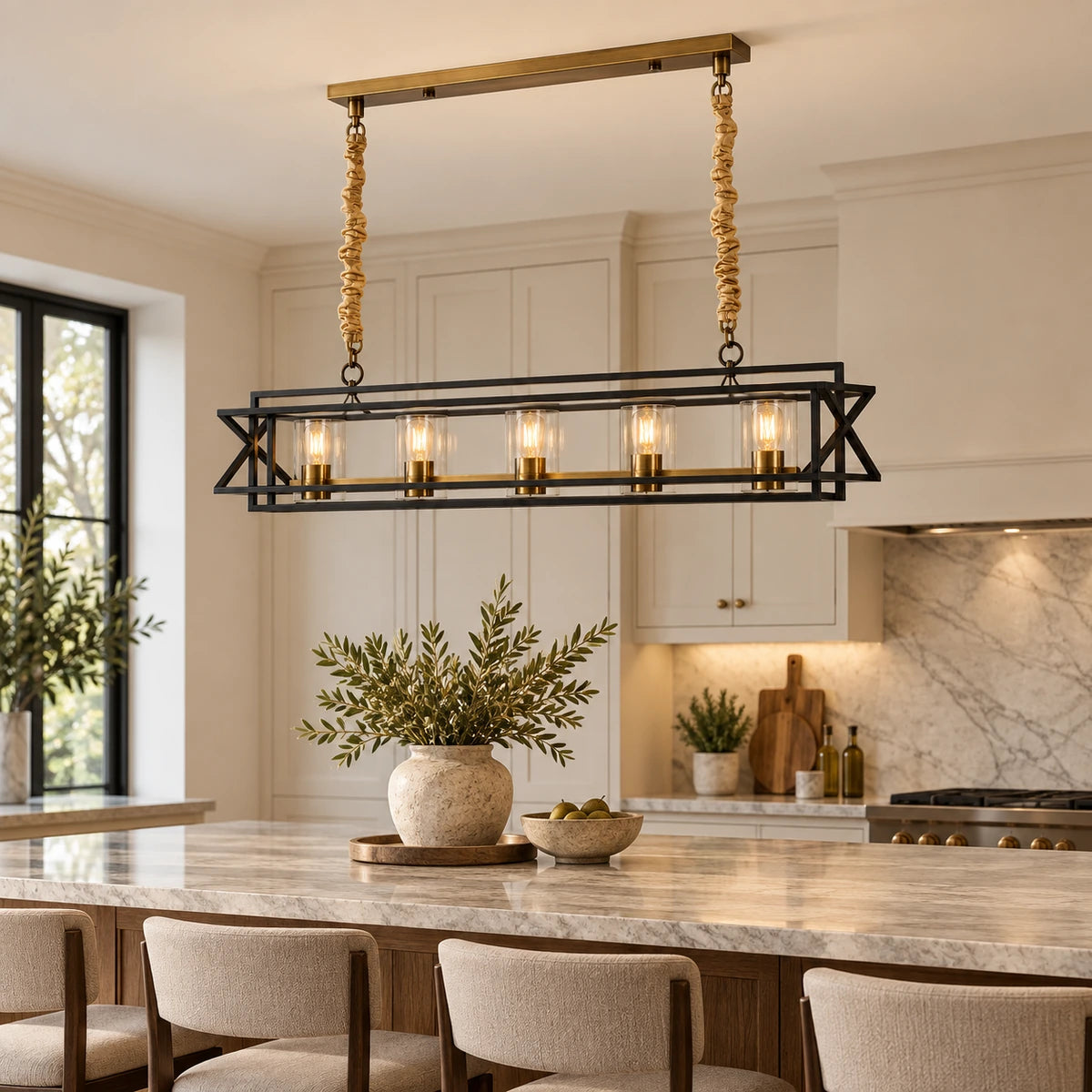 Rectangular glass-frame chandelier above a kitchen island