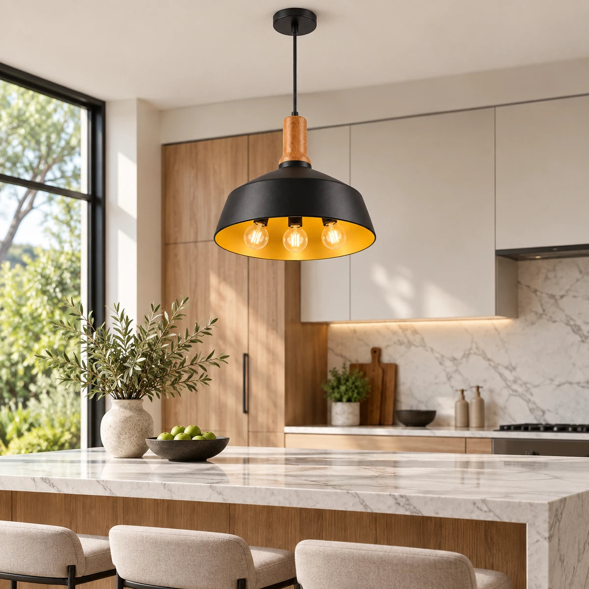 Black dome three-light pendant above a kitchen island