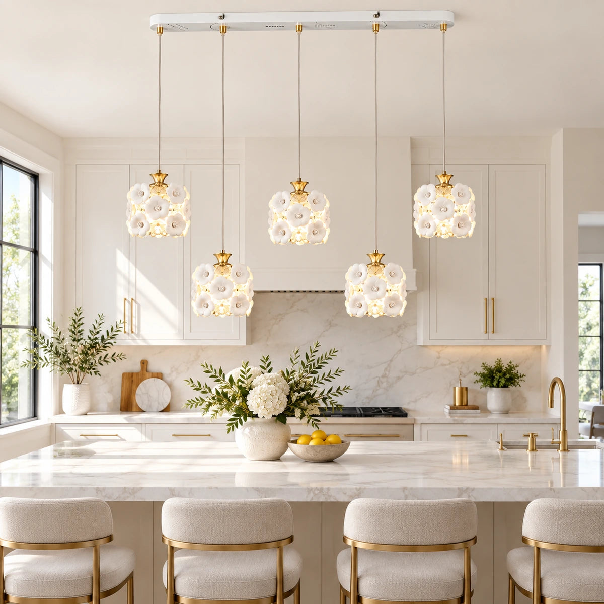 Floral ceramic five-shade pendant cluster above a kitchen island