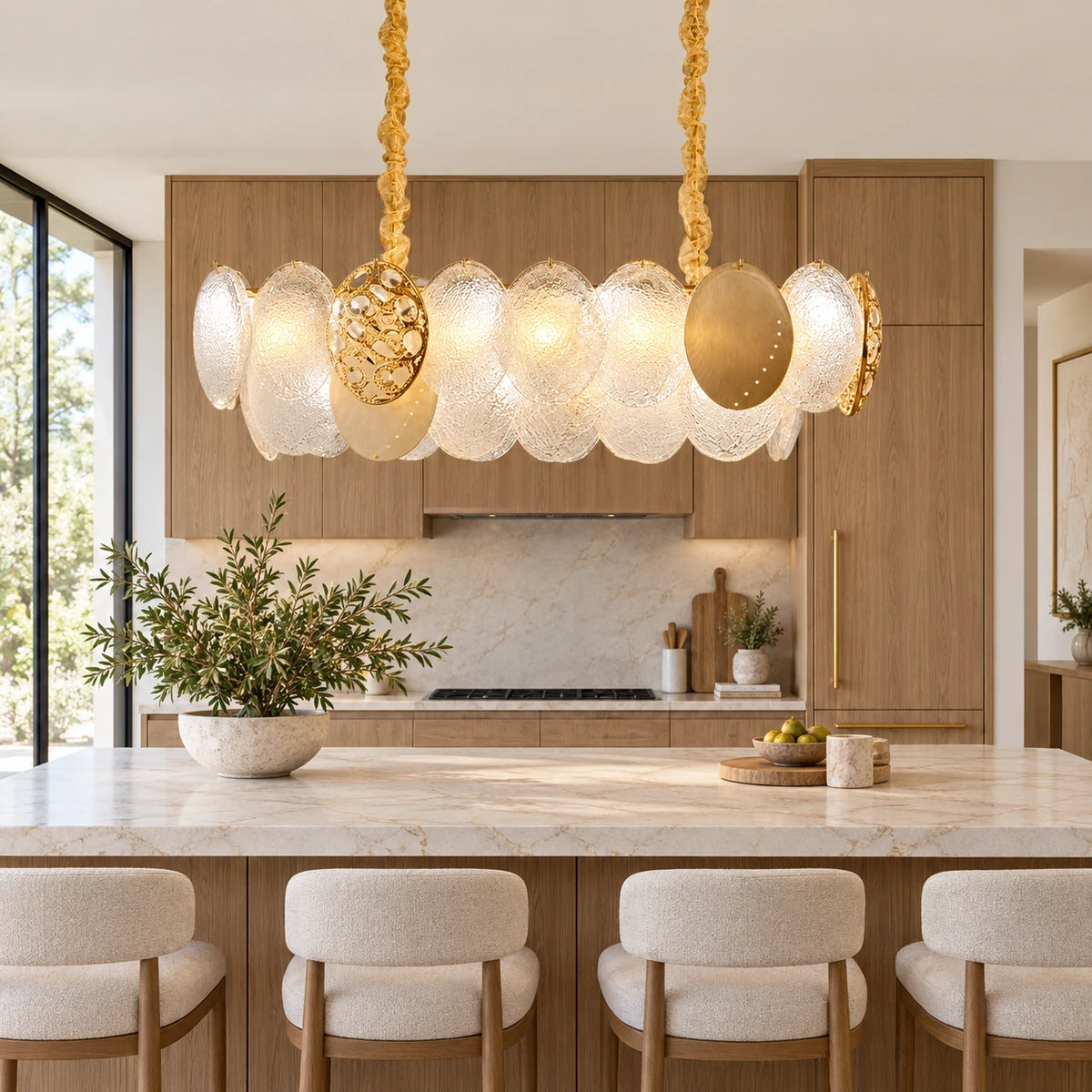 Frosted-disc linear pendant above a kitchen island