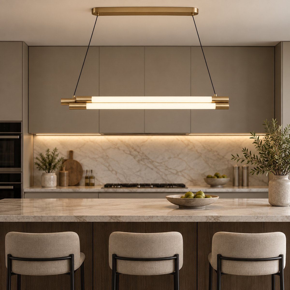 Twin linear tube pendant above a contemporary kitchen island