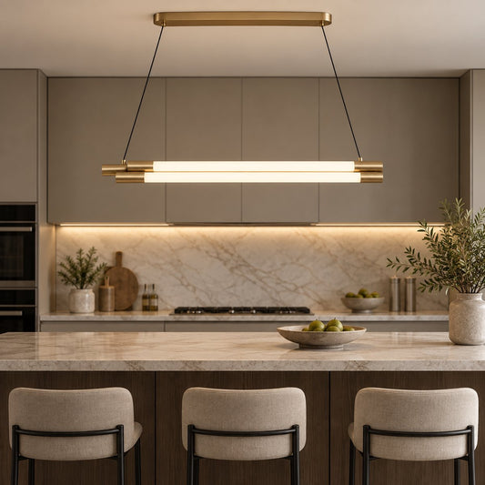 Twin linear tube pendant above a contemporary kitchen island