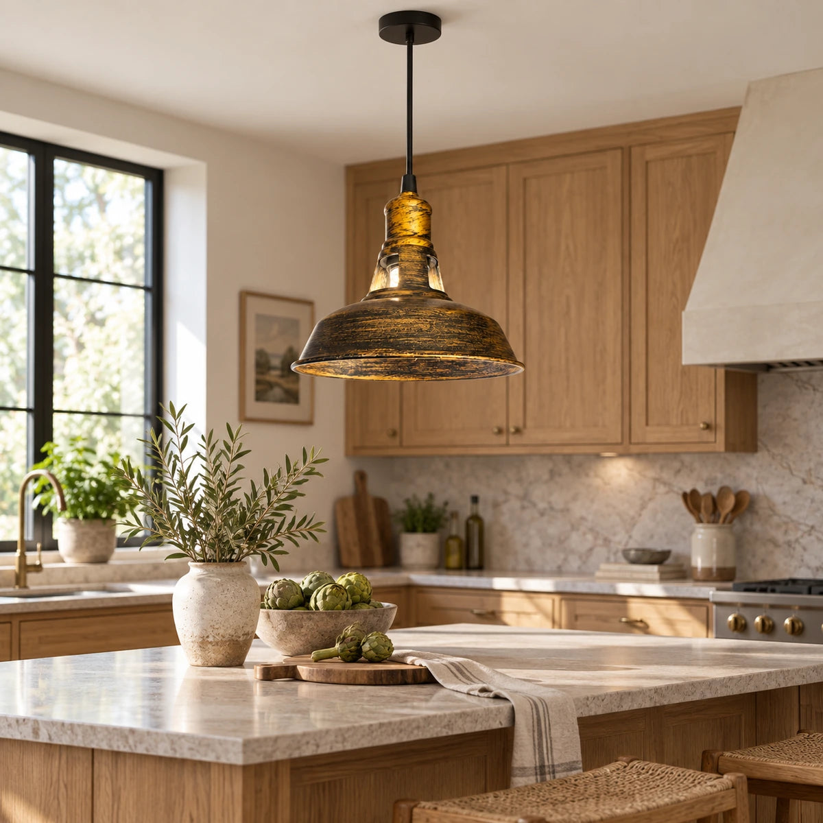 Antique-gold dome pendant above a kitchen island