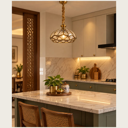 Faceted cage pendant above a kitchen island