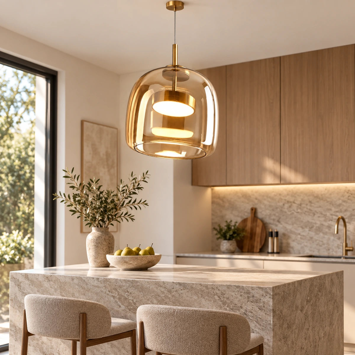Amber glass disc pendant above a kitchen island