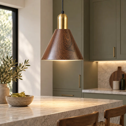 Wood-grain cone pendant above a kitchen counter