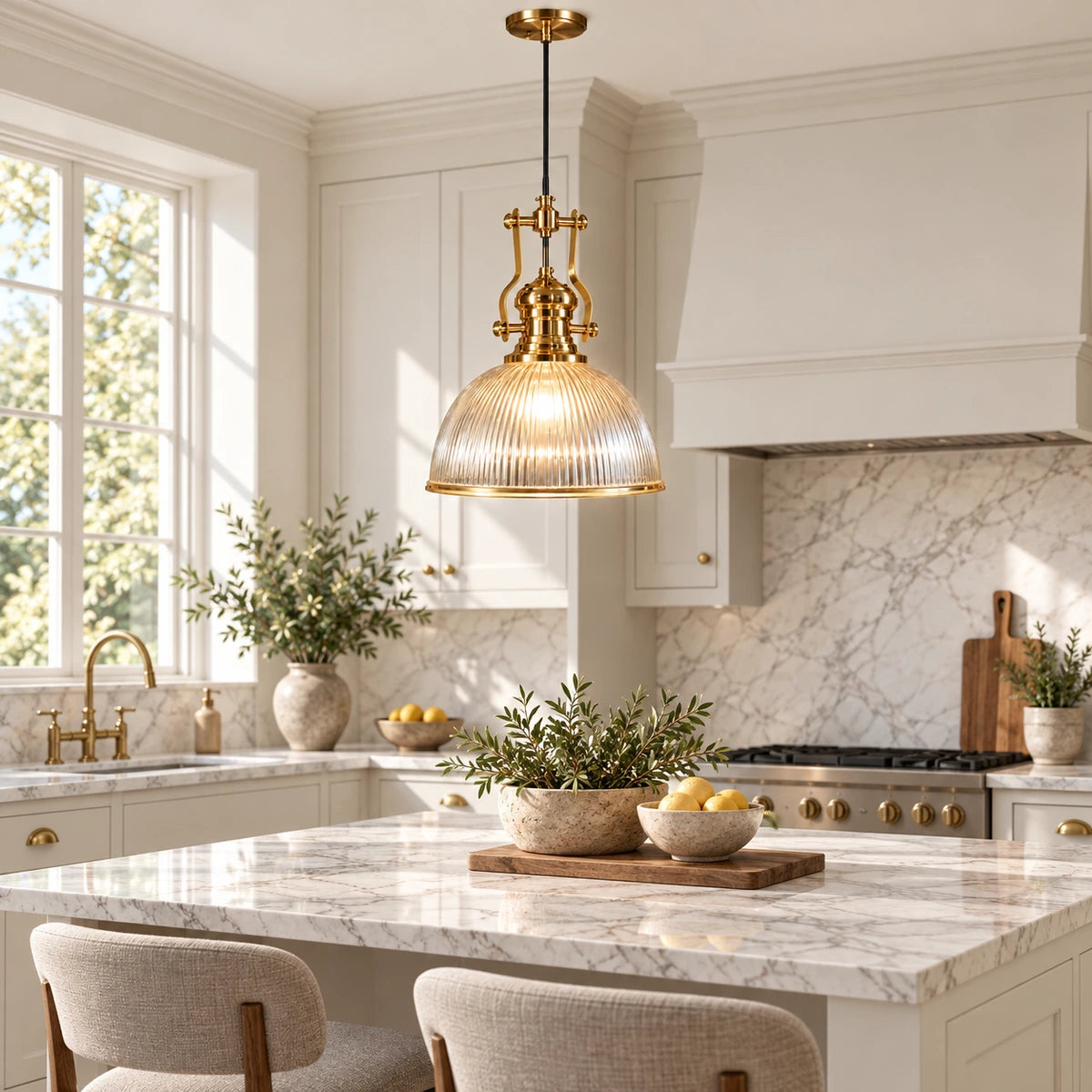Ribbed lantern dome pendant above a kitchen island