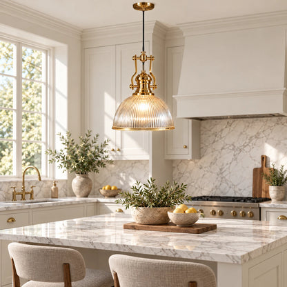 Ribbed lantern dome pendant above a kitchen island