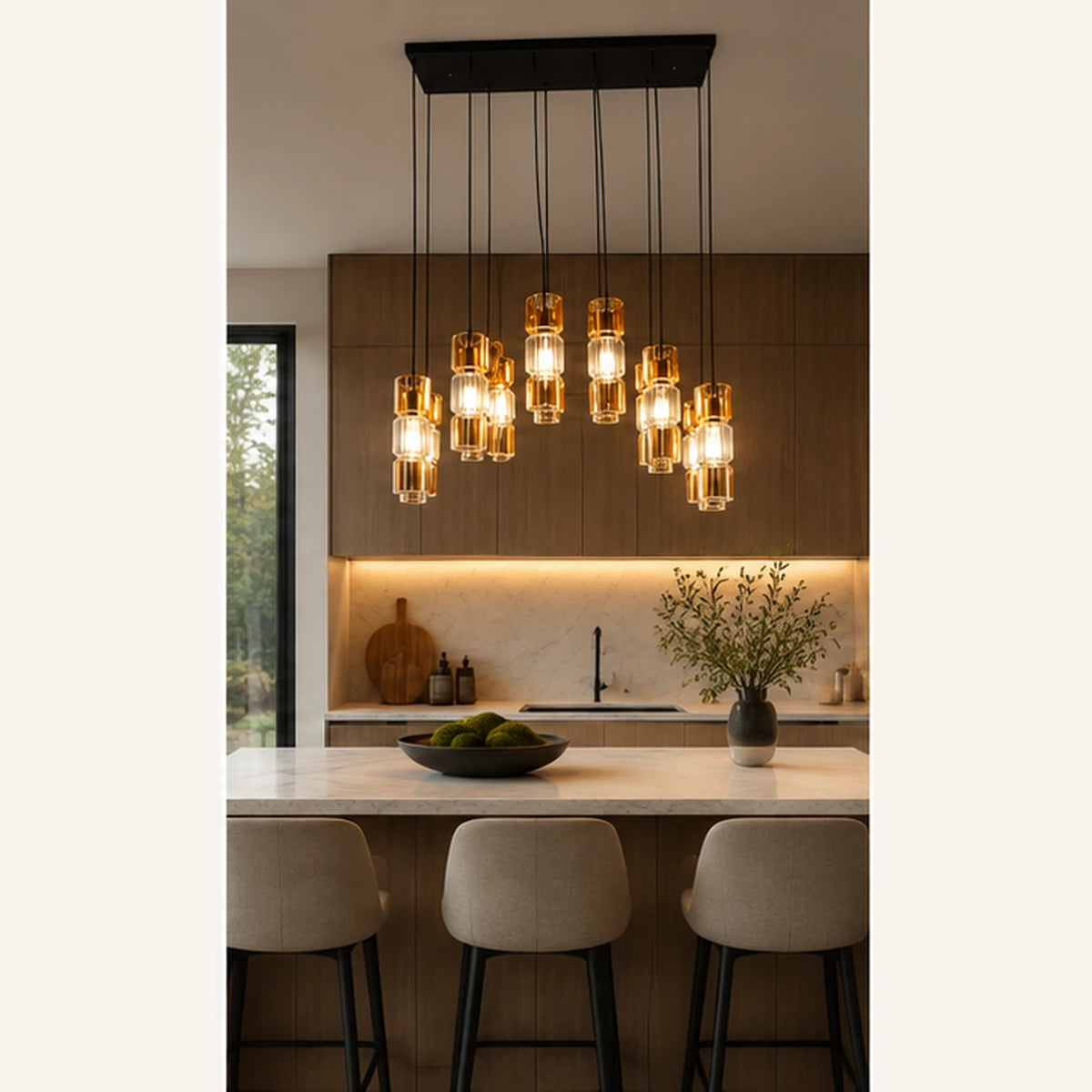 Black amber cluster pendant above a kitchen island