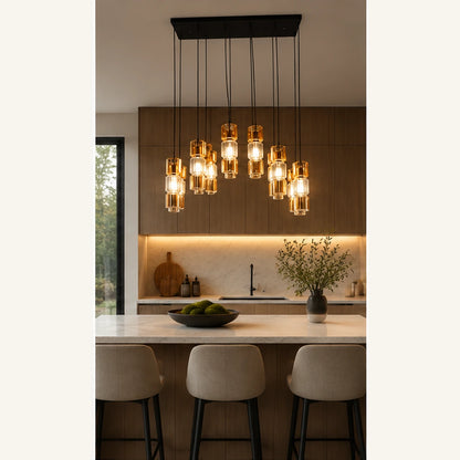 Black amber cluster pendant above a kitchen island