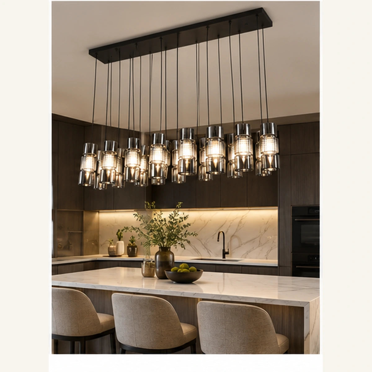 Black smoke cluster pendant above a kitchen island