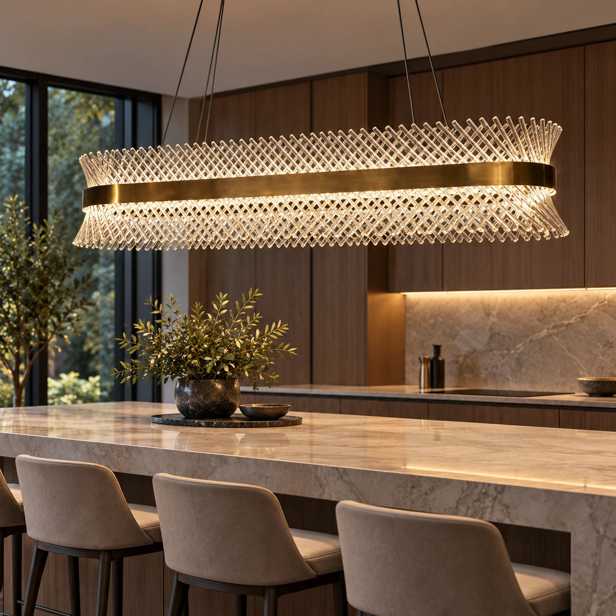 Clear glass lattice chandelier above a kitchen island