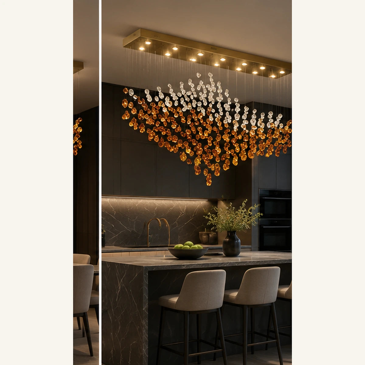 Crystal wave linear chandelier above a kitchen island