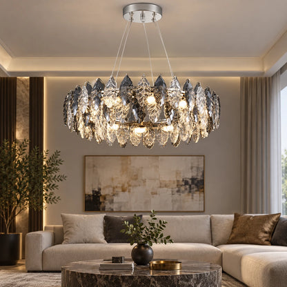 Oval crystal leaf chandelier in a contemporary living room