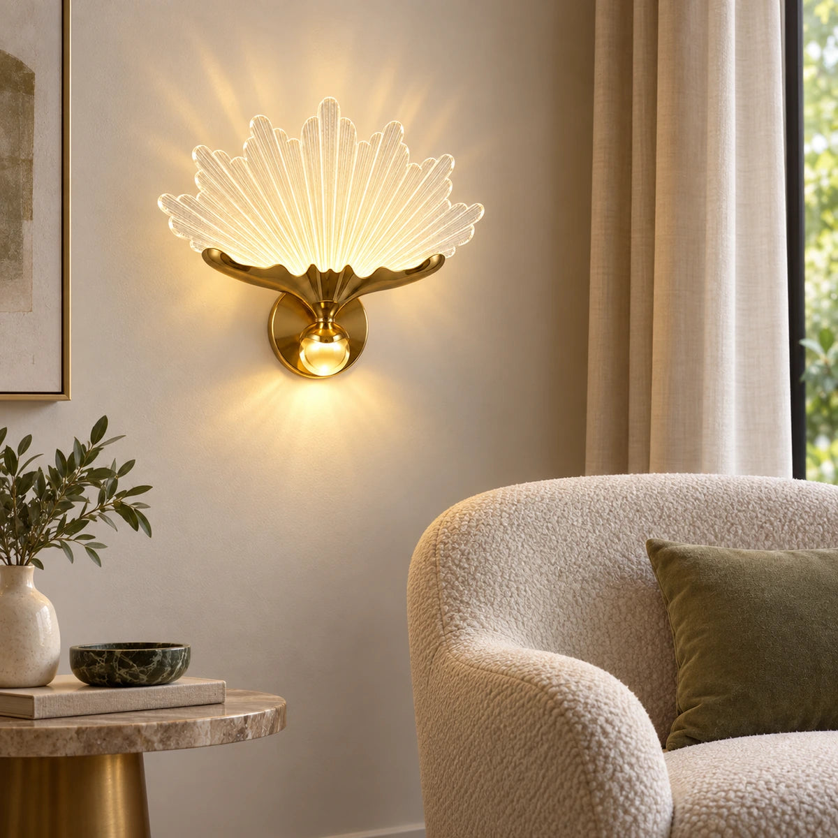 Radiant fan illuminated wall art beside a lounge chair