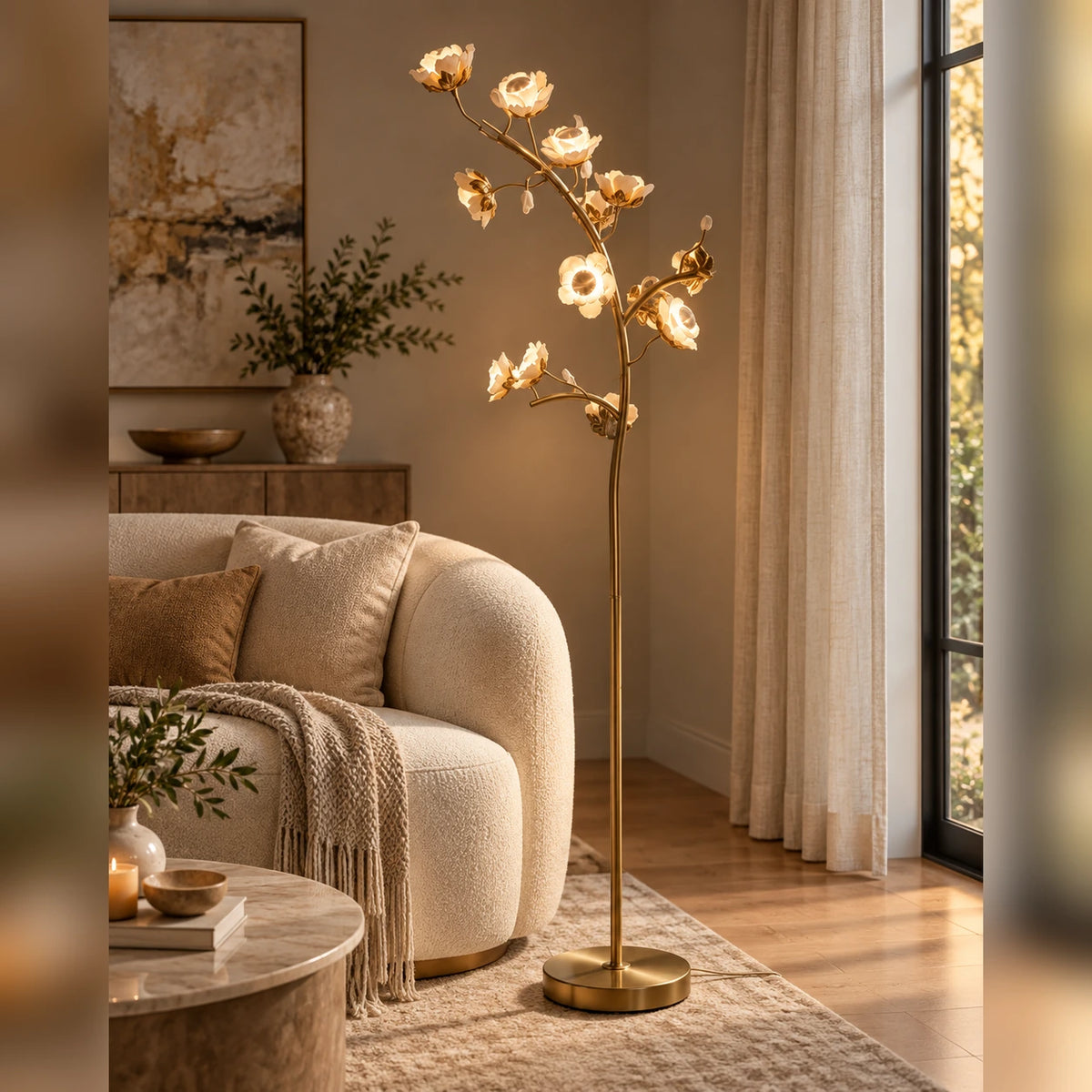 Sculptural floral branch floor lamp beside a sofa